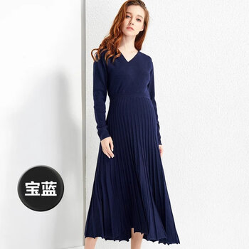 non孕妇装春秋款连衣裙长袖v领裙子冬季高个子百褶针织哺乳裙 宝蓝色