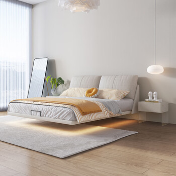 洛如侘寂风主卧悬浮双人床法式布艺软包床网红灯带床日式简约大床 床