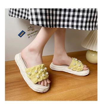 芸祥妮仙女风2022凉鞋女夏珍珠新款女鞋松糕底时尚一字厚底拖鞋黄色