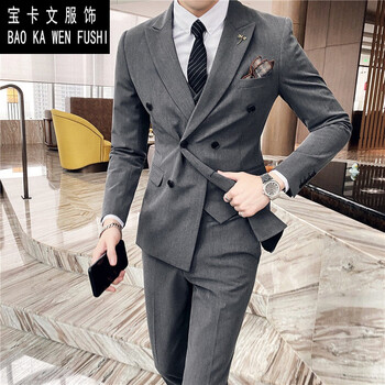 西装外马甲三件商务休闲装男装婚礼服职业西服装双排扣中灰三件套西服