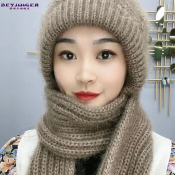 围巾帽子一体新款手工编织松鼠绒帽子围巾一体帽风雪帽 亚麻色