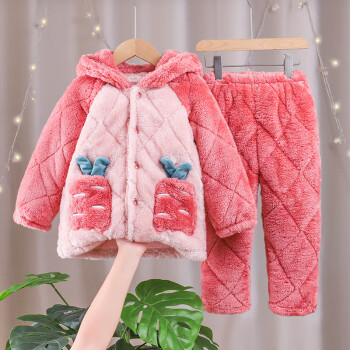 女童睡衣冬季新款儿童三层夹棉加厚保暖套装小女孩家居服中大儿童冬装