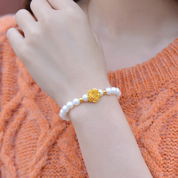 送女友老婆黄金手链女士珍珠玫瑰花足金转黄金玫瑰花珍珠手链2金珠