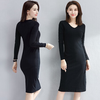 栖纪黑色长袖打底连衣裙女春秋中长款修身裙2021秋冬季中长裙v黑色2xl