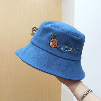 脸小卡通情侣渔夫帽女宽檐平顶盆帽男春夏天遮阳帽子卡通蓝色m5658cm