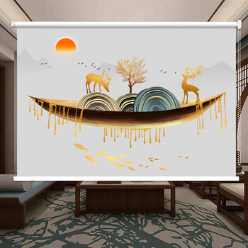 定制山水画卷帘山水意境画窗帘办公室客厅卧室卫生间遮光防水卷帘手拉