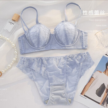 mock内衣女无钢圈美背文胸大胸显小夏天薄款聚拢收副乳胸罩 浅蓝色