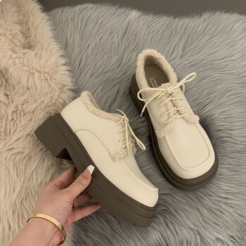 福乐女鞋厚底毛毛鞋女白色加绒乐福鞋英伦风小皮鞋高跟保暖冬 米色_绒