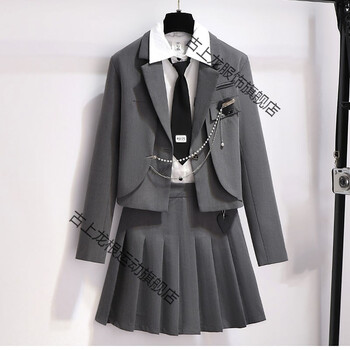 西装套装女春秋季2021新款小个子jk制服三件套学院两件套 灰色三件套