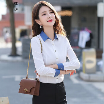 休闲百搭衬衣 长袖白衬衫女polo瓴春秋装新款冬职业上衣百搭修身显 明