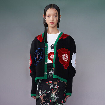 密扇2021早秋新款花鸟寻仙复古针织毛衣外套开衫女春秋外搭温柔风花色