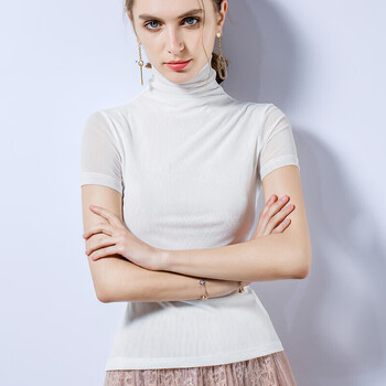 春夏天穿的高领短袖女t恤基础网纱打底衫夏季洋气紧身体恤上衣白色xl