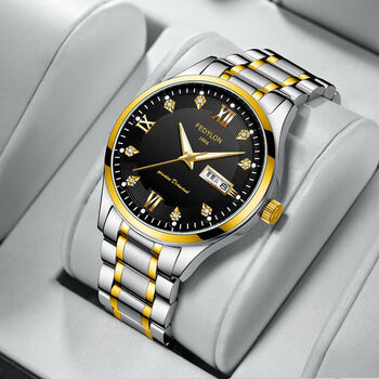 新年礼物瑞士品质新款全自动男士手表防水双日历夜光男表腕表间金黑面