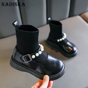 radinka2022秋冬季新款女童短靴袜子鞋黑色儿童皮鞋加绒加厚秋女孩