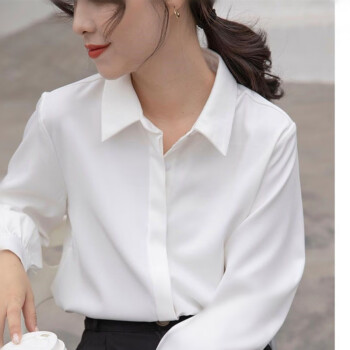 白色长袖衬衫职业正装大学生面试正式上衣秋心机扣气质方领衬衣女白色