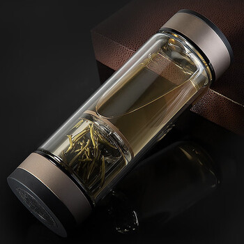 立早淘旋转茶水分离泡茶杯双层玻璃杯礼品水杯双头杯子金色380ml