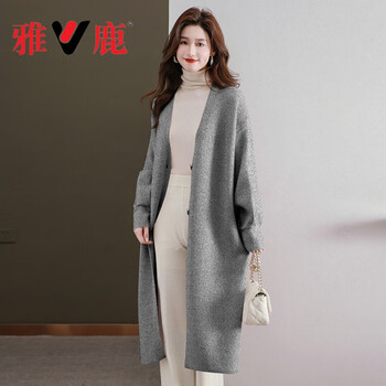 雅鹿特秋冬季长款毛衣外套200斤宽松显瘦羊毛衫针织开衫斑鸠灰m