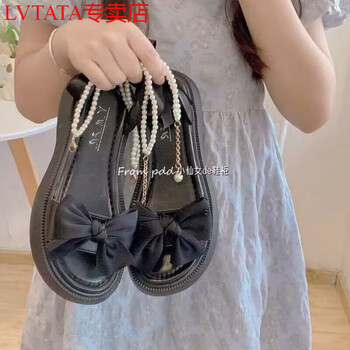 lvtata凉鞋女2024新款夏季蝴蝶结仙女风时尚露趾罗马女鞋厚底珍珠一字