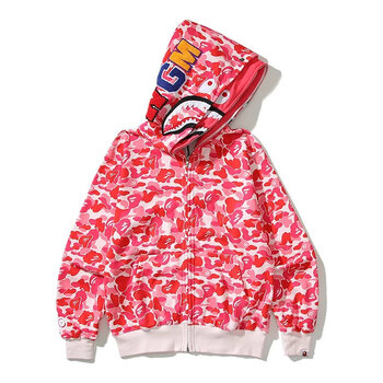 bape联aape潮牌鲨鱼迷彩双帽卫衣男女宽松连帽加绒卫衣拉链外套正 双