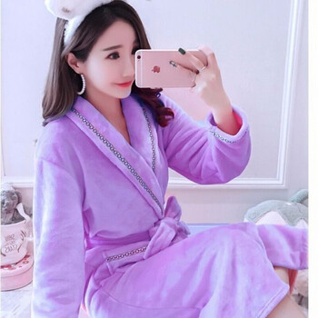 浴袍珊瑚绒男女浴衣加绒加长睡衣加大码ren紫色织带女袍女m码80100斤