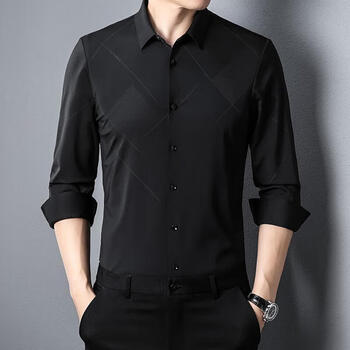 商务休闲衬衫春秋季长袖条纹免烫无痕时尚男士百搭衬衣潮 9976 黑色