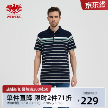 威鹏（weipeng） [纯棉平纹]男士polo衫短袖夏季大码时尚条纹休闲针织衫D12083 深蓝色 XL