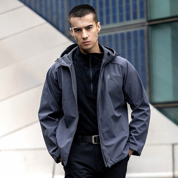 鹰爪暗影鲨软壳衣秋冬男士户外防风冲锋衣加绒加厚连帽外套灰色xl