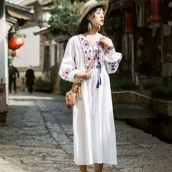 莎米希新疆舞裙艾德莱斯裙子西藏云南民族风长裙刺绣棉麻白裙度假出游