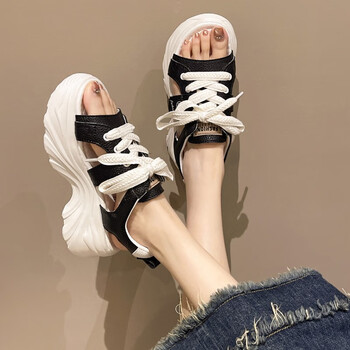 森马厚底鱼嘴凉鞋女款外穿2024新款夏季小个子交叉绑带增高运动罗马鞋