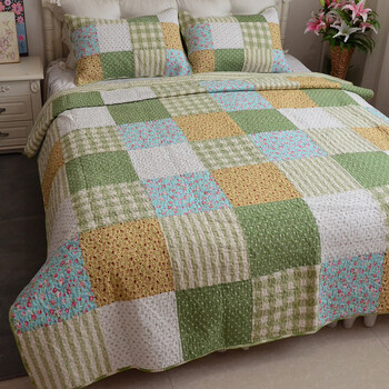 四季田园拼布床盖单件纯棉绗缝被三件套韩式全棉不易皱夹棉床单 田园