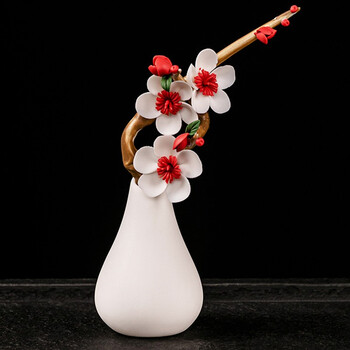 梅花枝摆件创意笔搁日式茶道装饰摆件陶瓷花器花瓶红梅三朵摆件白瓷