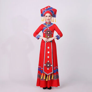 tknk三月三壮族服装女新款传统民族服饰红色长裙回娘歌圩节民族风舞蹈