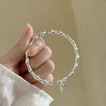 埃尔杰姆足银999竹节足银手镯女光面实心民族风素圈银镯子竹叶手环