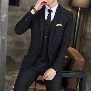 职业装风新郎结婚礼服男三件套218款黑色西服马甲寸衫xl118132斤穿