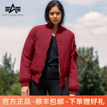 美国ALPHA阿尔法工业MA-1女装新款羽绒夹克ma1羽绒服加厚防风保暖防泼水羽绒飞行员夹克 红色/灰色 XS（160/88A）