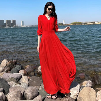 虔生缘chansunrun高个子拖地到脚踝大摆长款长裙连衣裙2023年雪纺红色