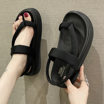 站套趾一字带凉鞋女夏季新款仙女风罗马鞋露趾厚底平底凉鞋女黑色35