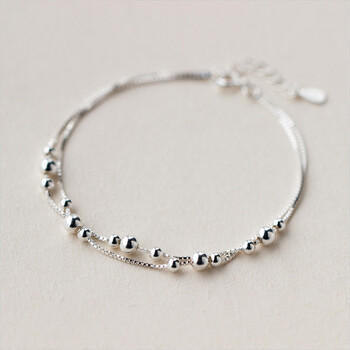 臻弗s925银手链女士个性大小光面圆球双层手链韩版手饰品潮s925银手链