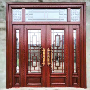 别墅大门双开农村自建房玻璃进户门子 精雕红檀木-四开子母门-编号23