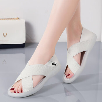 特大码凉鞋女41-43开车鞋夏季司机两穿平底力松紧带女士凉拖 米白 35