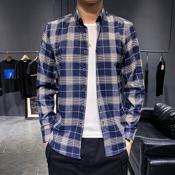 优衣裤官方旗舰店衬衫c格子衬衫春秋季休闲外套男百搭韩版衬衣 藏青色