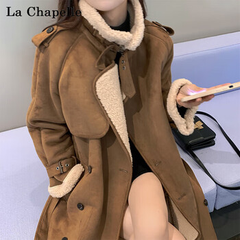 羊羔毛皮毛一体麂皮绒外套女秋冬季2023新款小个子加厚中长款大衣深 