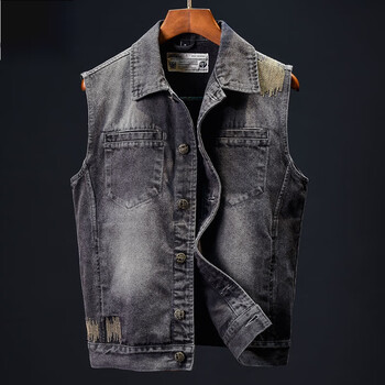 leedprre牛仔马甲男士春夏机车刺绣春秋款上衣男复古做旧马夹无袖背心