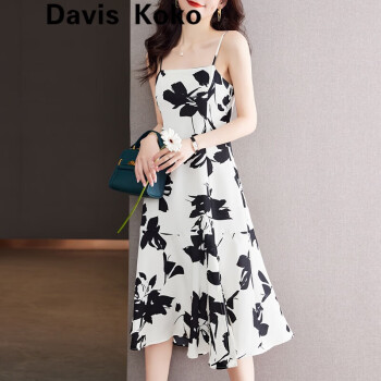 davis koko高端品牌 吊带碎花雪纺连衣裙女装夏季新款修身收腰气质A字裙 白色 XL