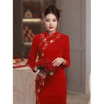 元讯红色旗袍敬酒服秋冬年轻款少女长袖长款结婚礼服改良平时可穿酒