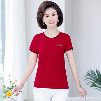 峰戈中老年女装纯棉短袖t恤女夏装新款时尚洋气纯色圆领妈妈装t恤衫大