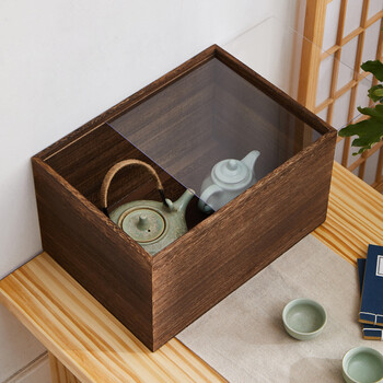憨娃实木抽拉玻璃盖茶叶茶杯收纳盒桌面防尘储物盒木质首饰珠宝陈列盒