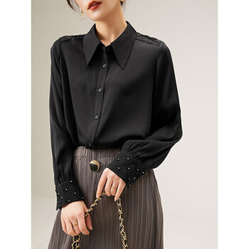 衬衫女长袖体面微透纯色衬衣女春季新款钉珠百搭桑蚕丝女士衬衫 黑色