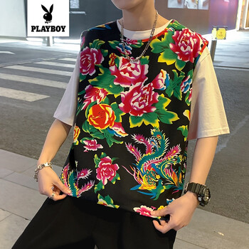 花花公子夏季大码东北大花布男背心坎肩马甲男装中国风民族牡丹花短袖