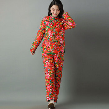 东北大花袄女大棉袄农村老式花棉袄棉裤套装冬加厚民族风棉衣棉服红色